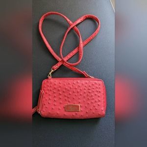 Buxton Red Leather Zippered Textured Wallet/Crossbody Bag